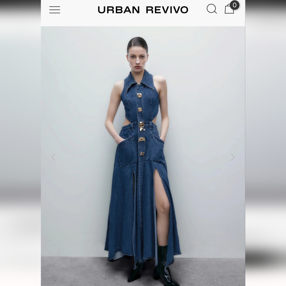 Urban Revivo CUT-OUT SLEEVELESS LAPEL DENIM DRESS